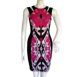 CACHE Dress, 6, Black/Pink, Split shoulder, Sheath, Mini Length, Sleeveless